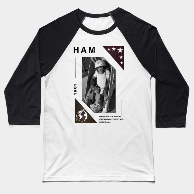 Ham: The First Great Ape in Space Baseball T-Shirt by deleriumden